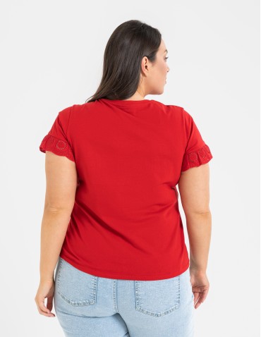 Bluzki z krótkim rękawem - Bluzka damska z krótkim rękawem z koronką bawełniana CZERWONY - produkt 4