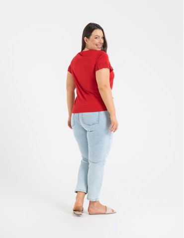 Bluzki z krótkim rękawem - Bluzka damska z krótkim rękawem z koronką bawełniana CZERWONY - produkt 5