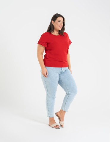 Bluzki z krótkim rękawem - Bluzka damska z krótkim rękawem z koronką bawełniana CZERWONY - produkt 6