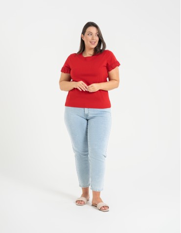 Bluzki z krótkim rękawem - Bluzka damska z krótkim rękawem z koronką bawełniana CZERWONY - produkt 7