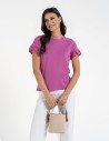 Bluzka damska z krótkim rękawem z koronką bawełniana FUKSJA