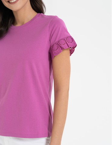 Bluzki i koszule - Bluzka damska z krótkim rękawem z koronką bawełniana FUKSJA - produkt 3