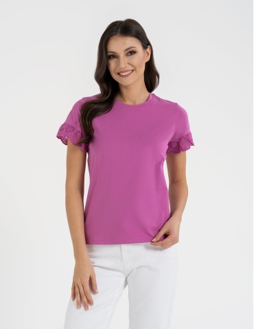 Bluzki i koszule - Bluzka damska z krótkim rękawem z koronką bawełniana FUKSJA - produkt 4