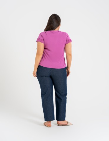 Bluzki i koszule - Bluzka damska z krótkim rękawem z koronką bawełniana FUKSJA - produkt 5