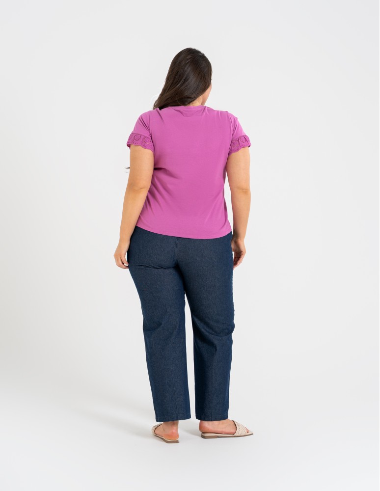 Bluzki i koszule - Bluzka damska z krótkim rękawem z koronką bawełniana FUKSJA  - produkt moraj.pl 5