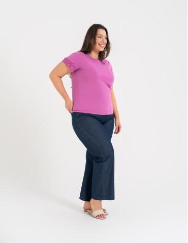 Bluzki i koszule - Bluzka damska z krótkim rękawem z koronką bawełniana FUKSJA - produkt 6