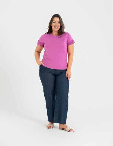 Bluzki i koszule - Bluzka damska z krótkim rękawem z koronką bawełniana FUKSJA - produkt 7