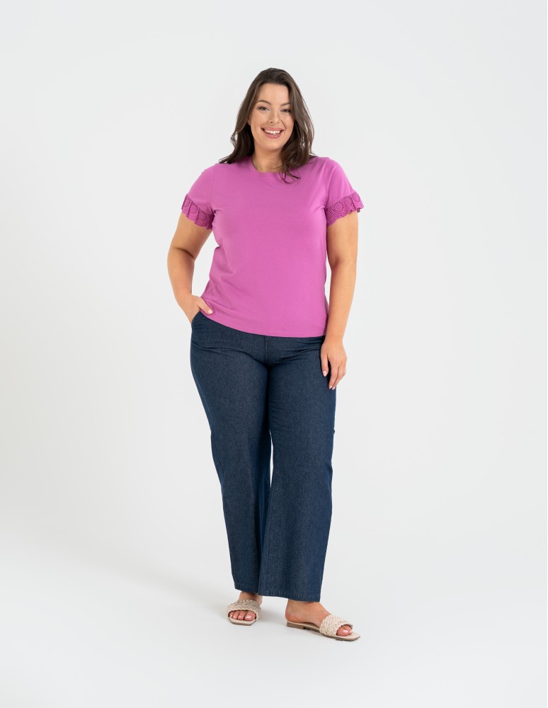 Bluzki i koszule - Bluzka damska z krótkim rękawem z koronką bawełniana FUKSJA  - produkt moraj.pl 7