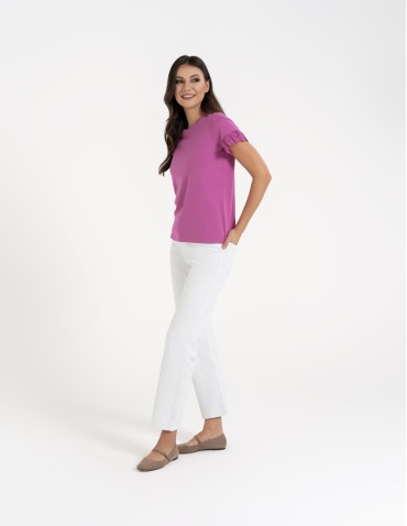 Bluzki i koszule - Bluzka damska z krótkim rękawem z koronką bawełniana FUKSJA - produkt 8