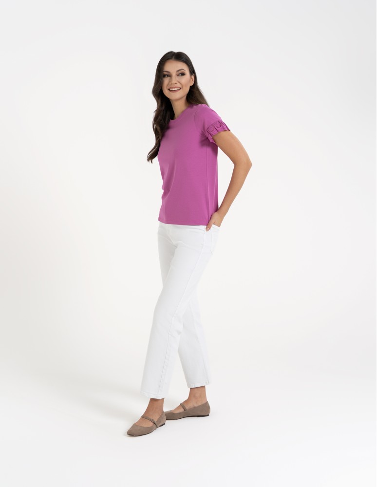 Bluzki i koszule - Bluzka damska z krótkim rękawem z koronką bawełniana FUKSJA  - produkt moraj.pl 8