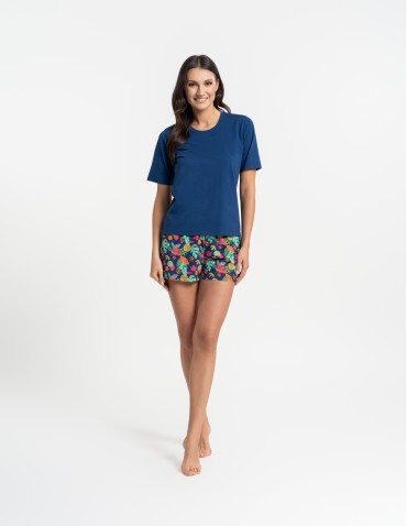 Piżamy z krótkim rękawem - Piżama damska bawełniany komplet z krótkim rękawem i spodenkami GRANATOWY - produkt 11