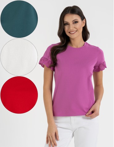 Bluzka damska z krótkim rękawem z koronką bawełniana