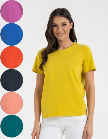 T-shirt damski bawełniany bez szwów bocznych - ŻÓŁTY