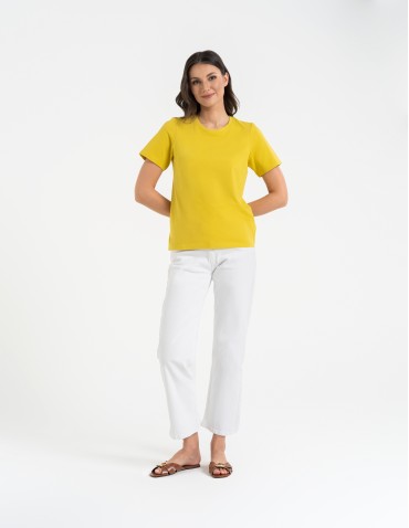 Koszulki z krótkim rękawem - T-shirt damski bawełniany bez szwów bocznych ZŁOTY - produkt 1