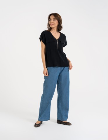 Bluzki z krótkim rękawem - Bluzka damska z krótkim rękawem i kieszeniami CZARNY - produkt 5