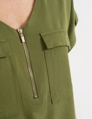 Bluzka damska z krótkim rękawem i kieszeniami - ZIELONY  - produkt 2