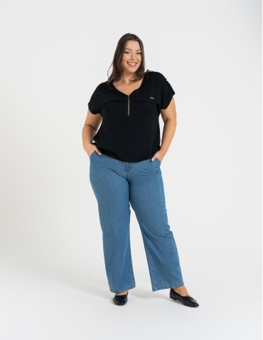 Bluzki z krótkim rękawem - Bluzka damska z krótkim rękawem i kieszeniami CZARNY - produkt 3