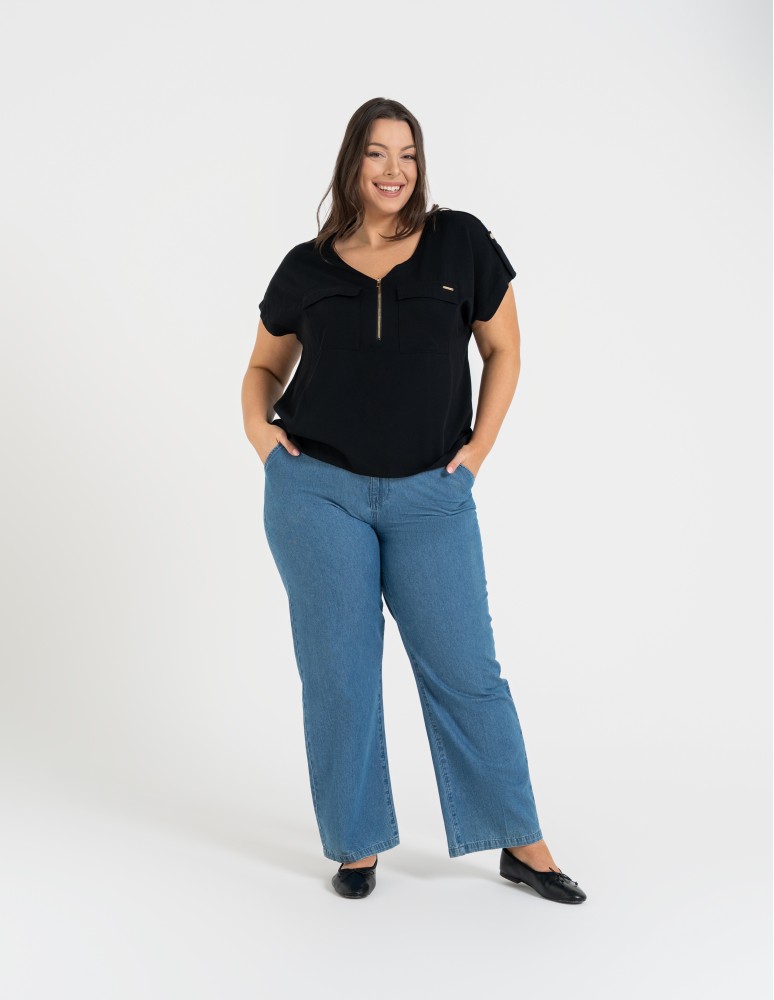 Bluzki z krótkim rękawem - Bluzka damska z krótkim rękawem i kieszeniami CZARNY - produkt moraj.pl 3