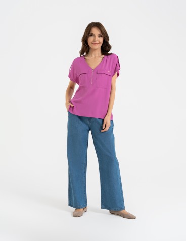 Bluzki z krótkim rękawem - Bluzka damska z krótkim rękawem i kieszeniami RÓŻOWY - produkt 4