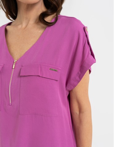 Bluzka damska z krótkim rękawem i kieszeniami - RÓŻOWY  - produkt 2