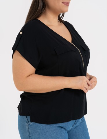 Bluzki z krótkim rękawem - Bluzka damska z krótkim rękawem i kieszeniami CZARNY - produkt 2