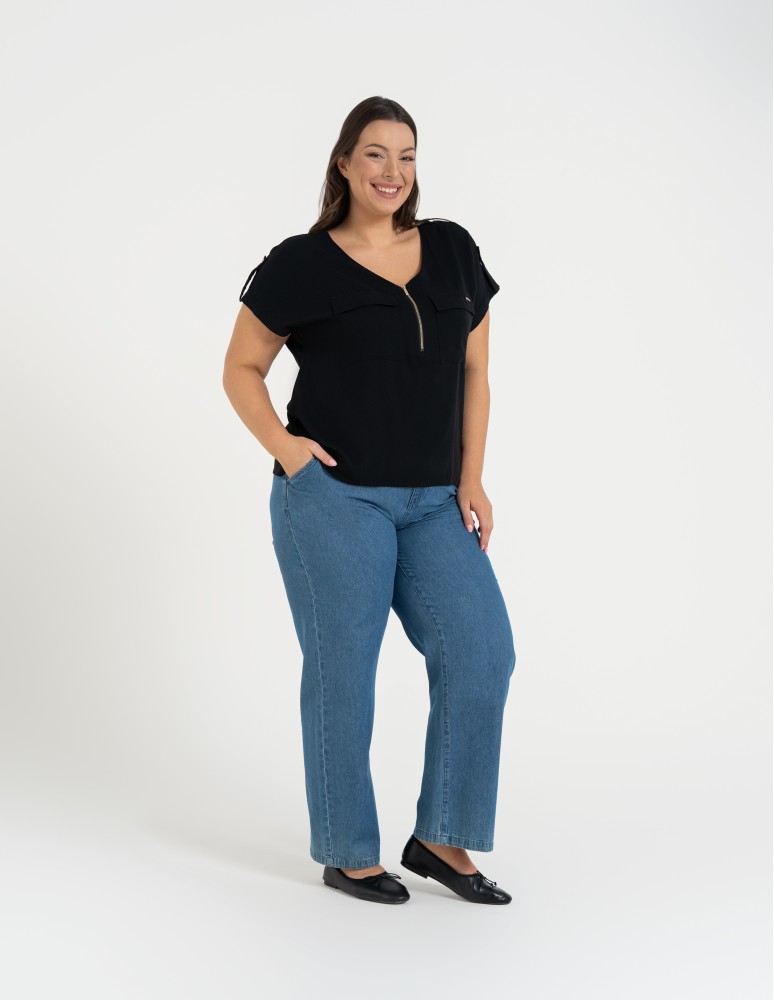 Bluzki z krótkim rękawem - Bluzka damska z krótkim rękawem i kieszeniami CZARNY - produkt moraj.pl 4