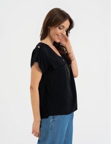 Bluzki z krótkim rękawem - Bluzka damska z krótkim rękawem i kieszeniami CZARNY - produkt 3