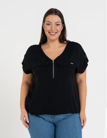 Bluzki z krótkim rękawem - Bluzka damska z krótkim rękawem i kieszeniami CZARNY - produkt 1