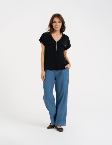 Bluzki z krótkim rękawem - Bluzka damska z krótkim rękawem i kieszeniami CZARNY - produkt 6