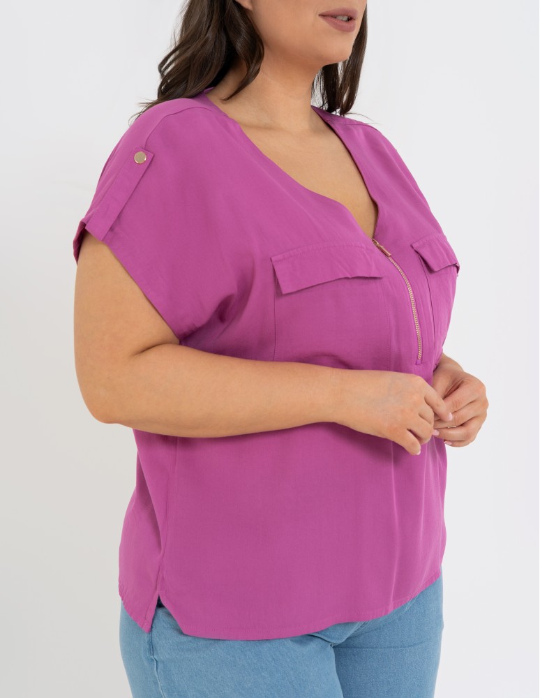 Bluzki z krótkim rękawem - Bluzka damska z krótkim rękawem i kieszeniami RÓŻOWY - produkt moraj.pl 2