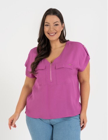 Bluzki z krótkim rękawem - Bluzka damska z krótkim rękawem i kieszeniami RÓŻOWY - produkt 5