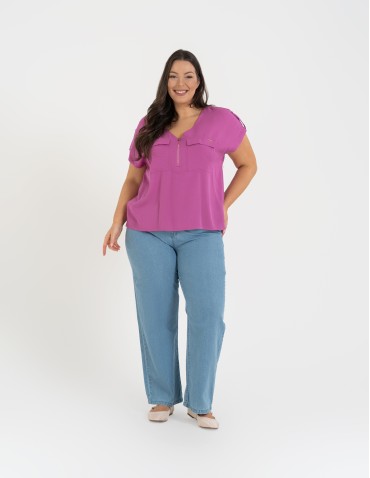 Bluzki z krótkim rękawem - Bluzka damska z krótkim rękawem i kieszeniami RÓŻOWY - produkt 6