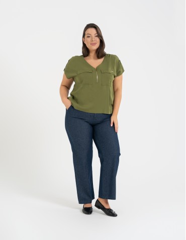 Bluzki z krótkim rękawem - Bluzka damska z krótkim rękawem i kieszeniami ZIELONY - produkt 3