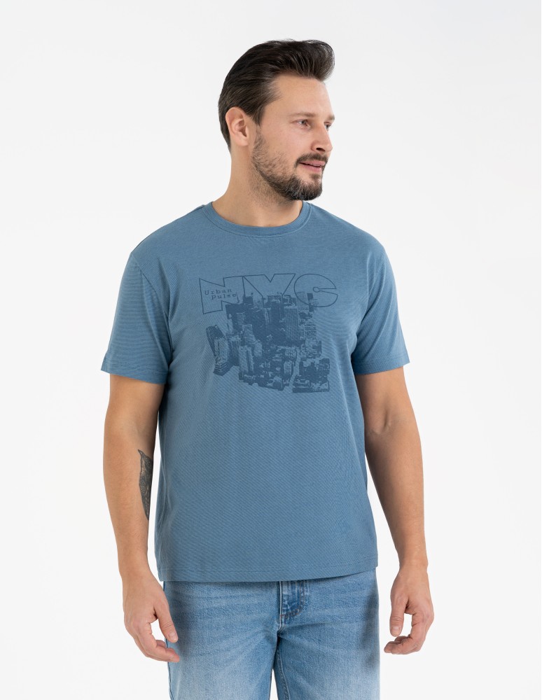 Koszulki z krótkim rękawem - T-shirt męski bawełniany z nadrukiem monochromatycznym NIEBIESKI - produkt moraj.pl 1