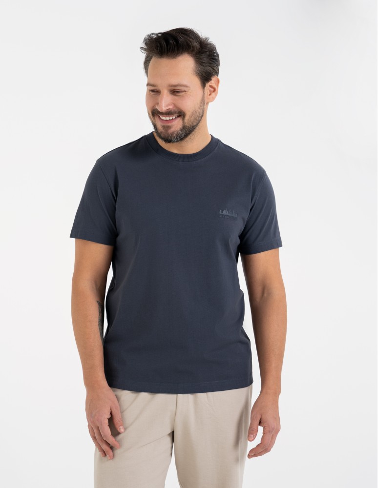 Koszulki z krótkim rękawem - T-shirt męski bawełniany 100% z nadrukiem GRANATOWY - produkt moraj.pl 1