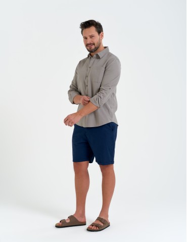 Koszule męskie - Koszula męska lniana z regulowanym rękawem BEŻOWY - produkt 3