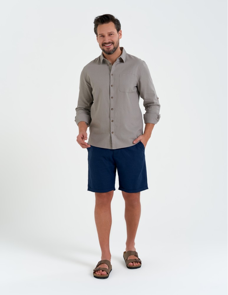 Koszule męskie - Koszula męska lniana z regulowanym rękawem BEŻOWY  - produkt moraj.pl 5