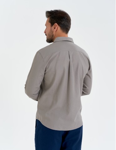 Koszule męskie - Koszula męska lniana z regulowanym rękawem BEŻOWY - produkt 7