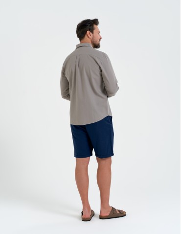 Koszule męskie - Koszula męska lniana z regulowanym rękawem BEŻOWY - produkt 9