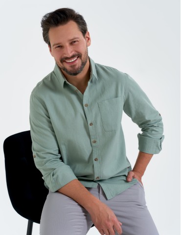Koszule męskie - Koszula męska lniana z regulowanym rękawem ZIELONY - produkt 4