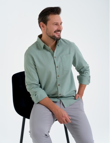 Koszule męskie - Koszula męska lniana z regulowanym rękawem ZIELONY - produkt 9