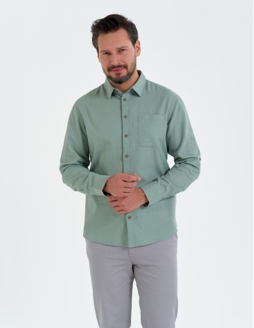 Koszule męskie - Koszula męska lniana z regulowanym rękawem ZIELONY - produkt 1