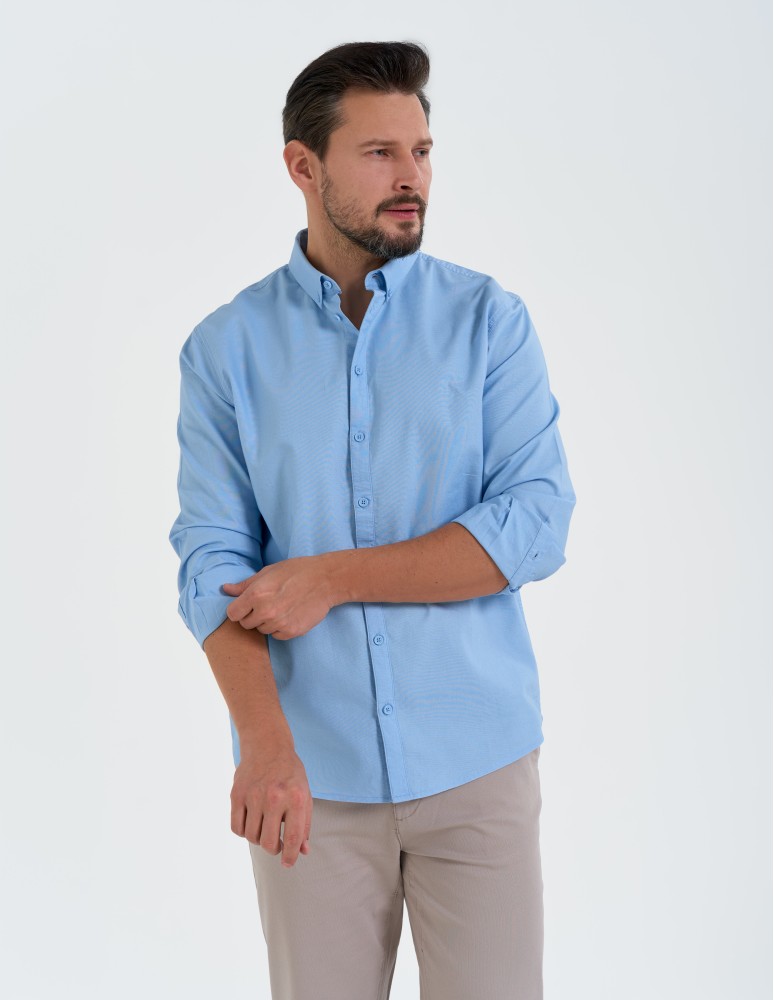 Koszule męskie - Koszula męska bawełniana z długim rękawem typu oxford NIEBIESKI - produkt moraj.pl 1