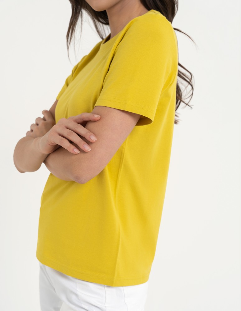 Koszulki z krótkim rękawem - T-shirt damski bawełniany bez szwów bocznych ZŁOTY  - produkt moraj.pl 3