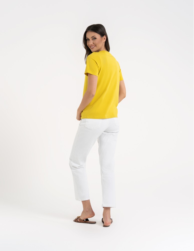 Koszulki z krótkim rękawem - T-shirt damski bawełniany bez szwów bocznych ZŁOTY  - produkt moraj.pl 4