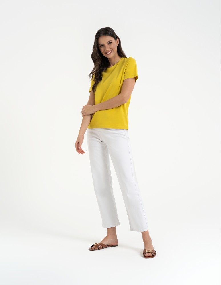 Koszulki z krótkim rękawem - T-shirt damski bawełniany bez szwów bocznych ZŁOTY  - produkt moraj.pl 5