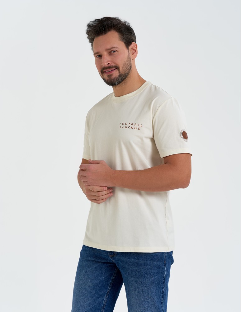 T-shirt męski bawełniany ze sportowym akcentem o regularnym kroju BEŻOWY