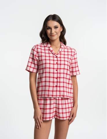 Piżamy z krótkim rękawem - Piżama damska rozpinana dwuczęściowa w kratkę CZERWONY - produkt 3