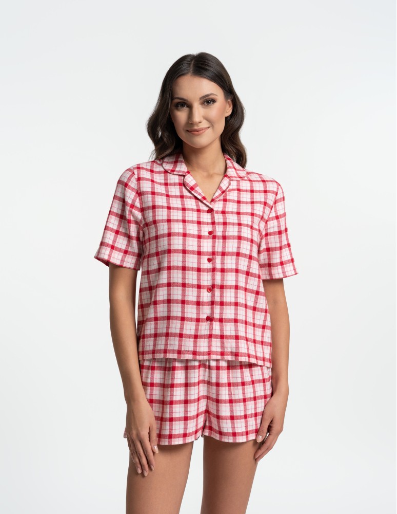 Piżamy z krótkim rękawem - Piżama damska rozpinana dwuczęściowa w kratkę CZERWONY  - produkt moraj.pl 3