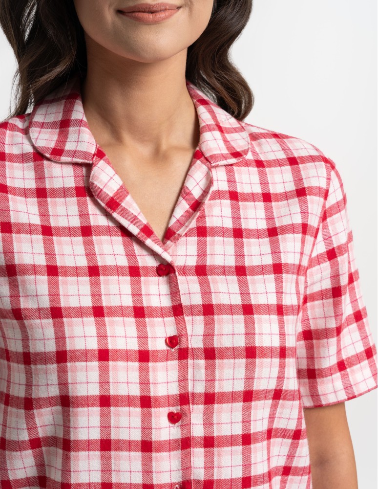 Piżamy z krótkim rękawem - Piżama damska rozpinana dwuczęściowa w kratkę CZERWONY  - produkt moraj.pl 6